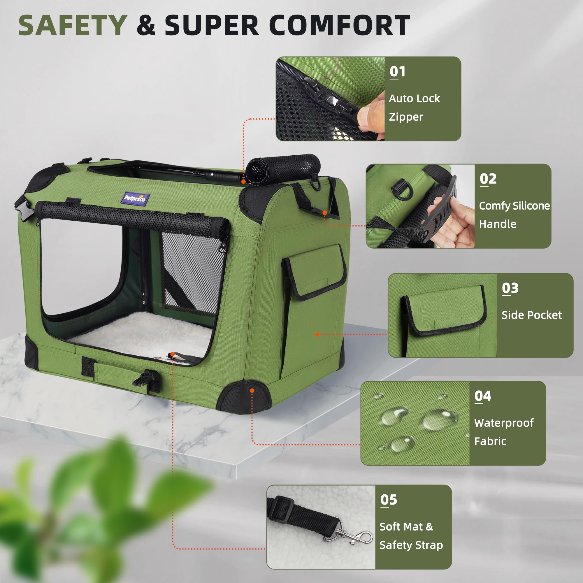 Petprsco top handles simplify carrying the soft carrier.