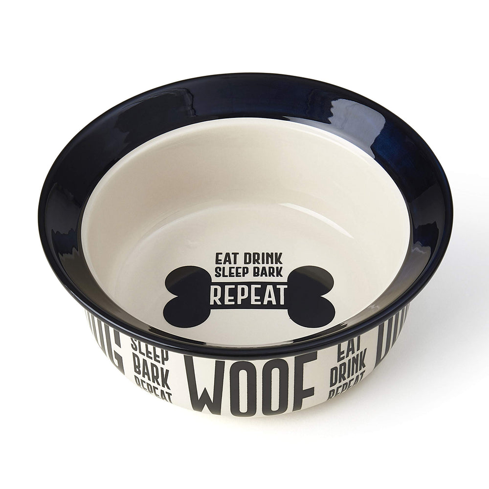 PetRageous Eat Drink Repeat two-tone rim close-up showing durable stoneware for stable meals.