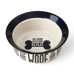 PetRageous Eat Drink Repeat two-tone rim close-up showing durable stoneware for stable meals.