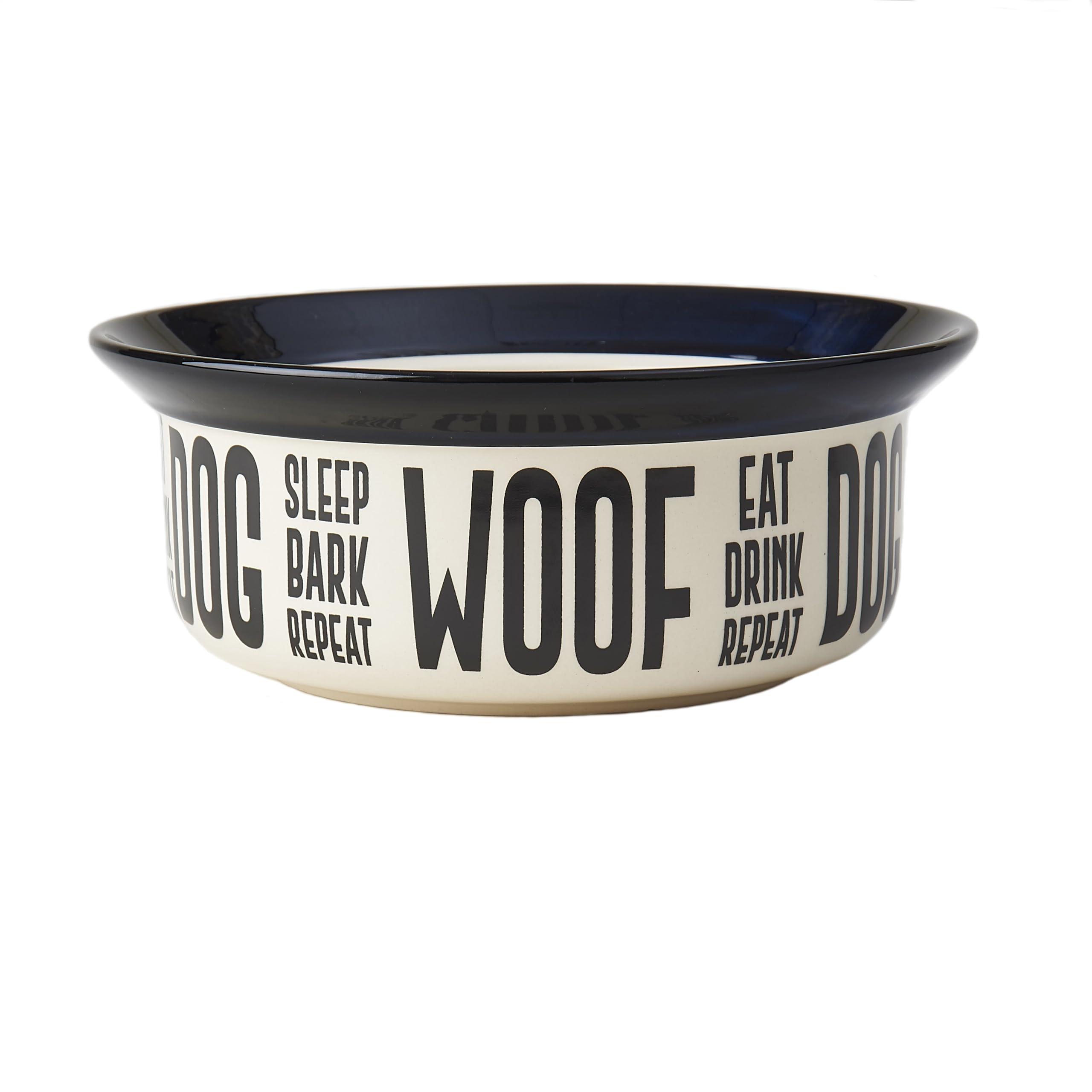 PetRageous Eat Drink Repeat bowl overall view showing two-tone glaze for stylish pet meals.