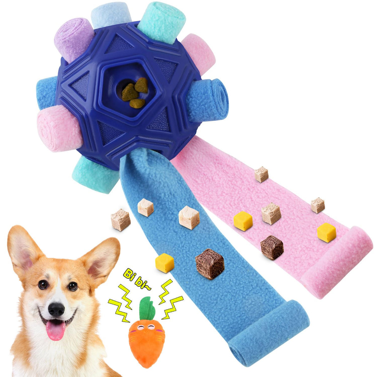 Petration dog snuffle ball with thick cloth strips provides sniffing enrichment.