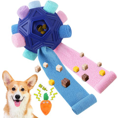 Petration dog snuffle ball with thick cloth strips provides sniffing enrichment.