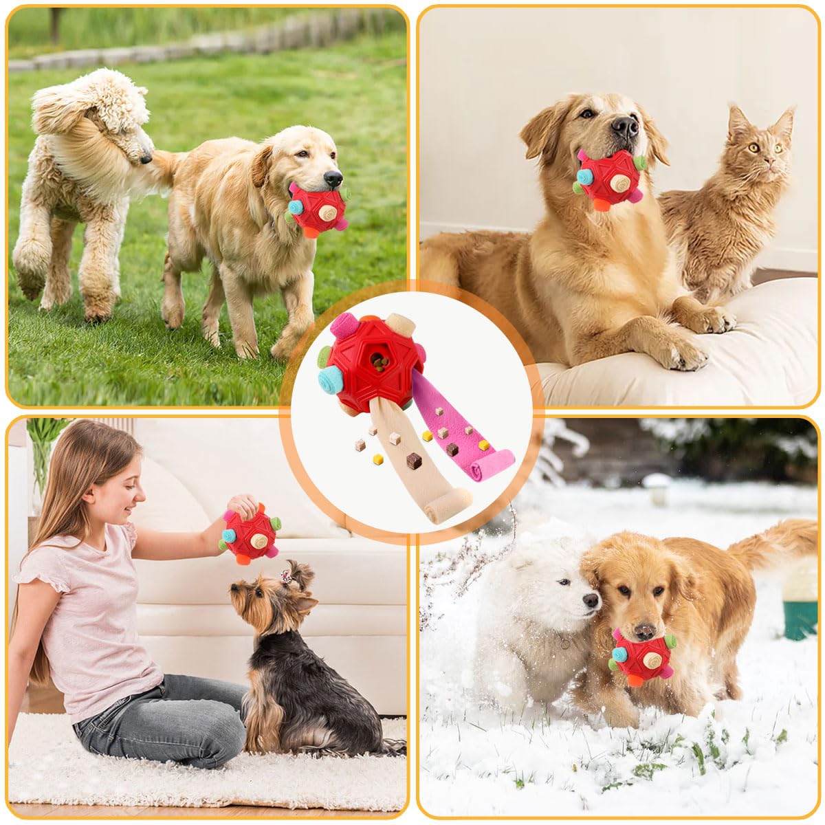 Petration snuffle ball designed for indoor and outdoor use with vibrant strips