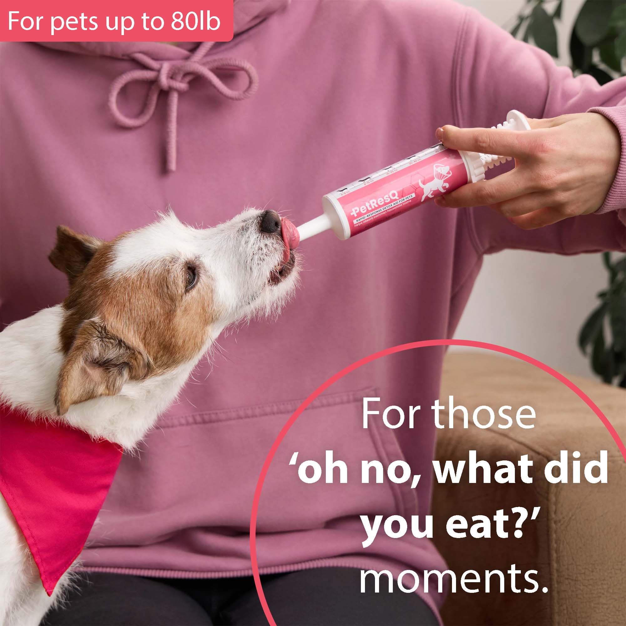 PetResQ dial-a-dose tube dispense shows precise dosing for dogs and cats.