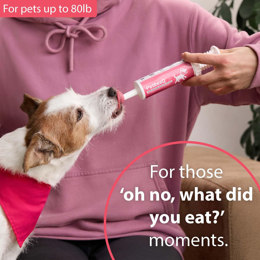 PetResQ dial-a-dose tube dispense shows precise dosing for dogs and cats.