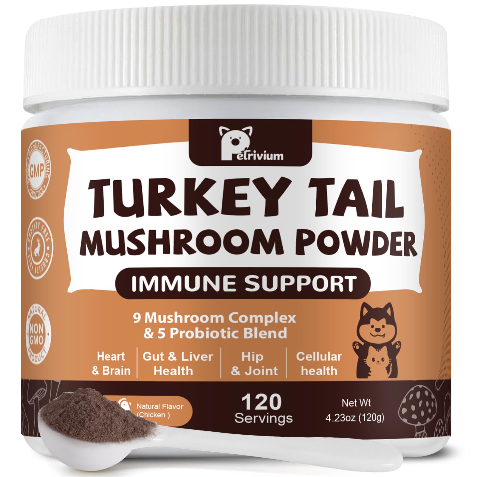 Petrivium mushroom supplement bottle front with 9-mushroom blend for pets