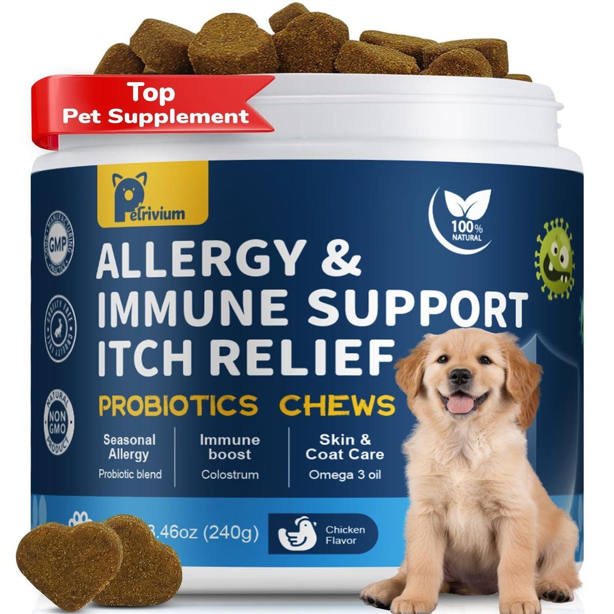 Petrivium Dogs Allergy & Itch Relief Chews bottle showcases immune-support formula for itchy skin.