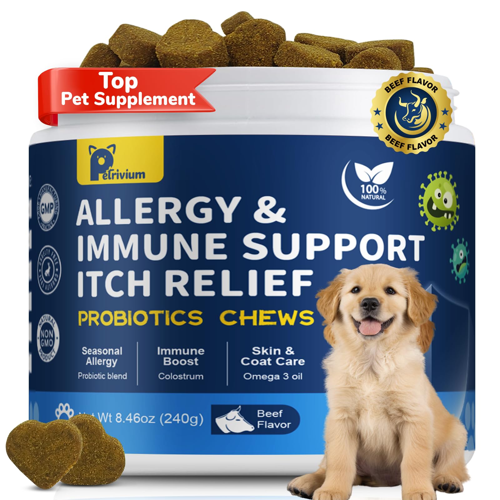 Petrivium Dogs Allergy & Itch Relief Chews bottle supports itchy skin relief.