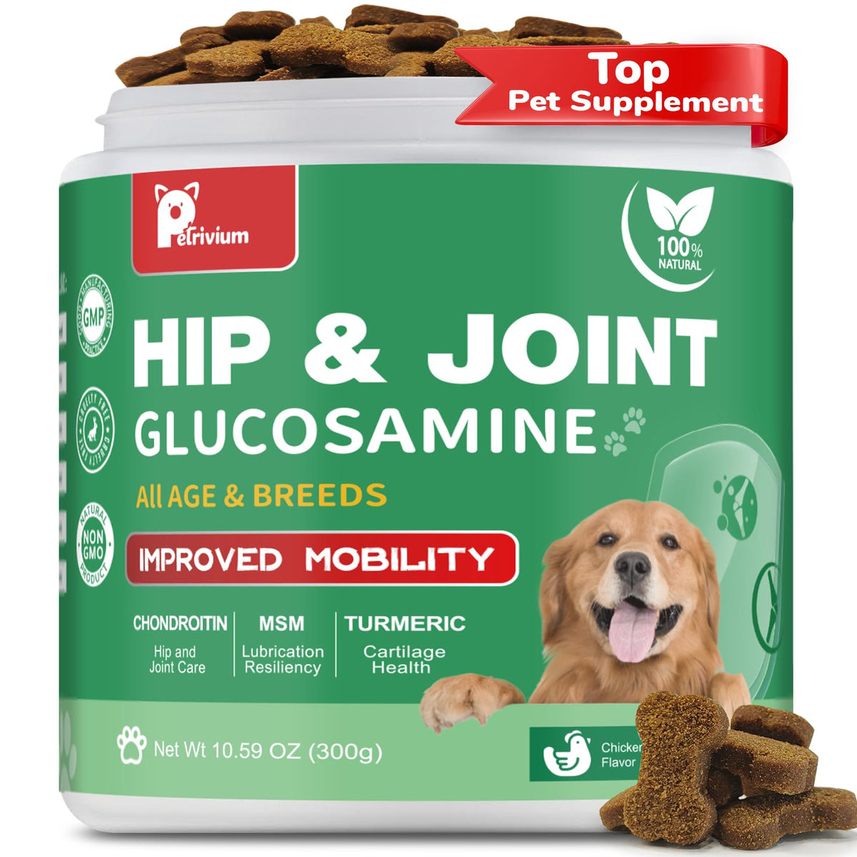 Petrivium hip and joint chews bottle showing packaging for daily mobility support