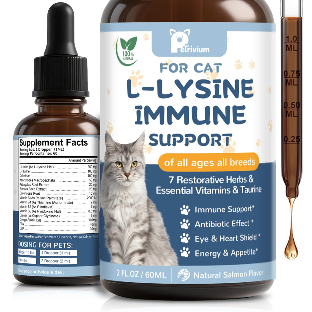 Petrivium Lysine Drops bottle close-up highlighting daily immune support for cats.
