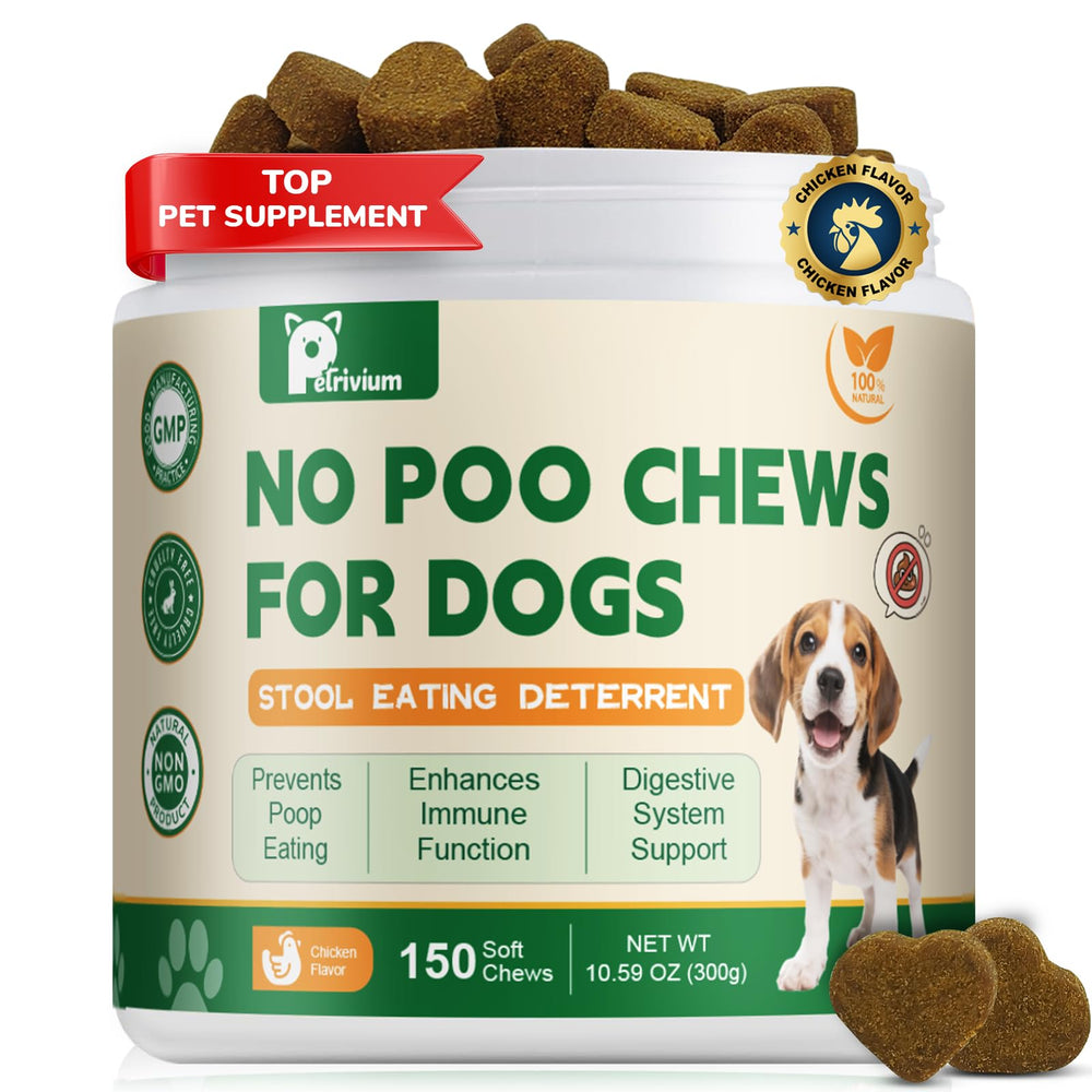 Petrivium No Poo Chews bottle front view, illustrating digestive support benefits.