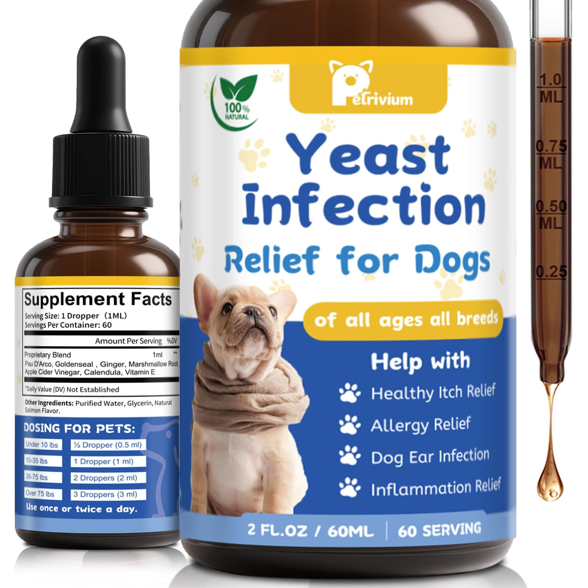 Petrivium yeast treatment drops bottle calms canine itching.