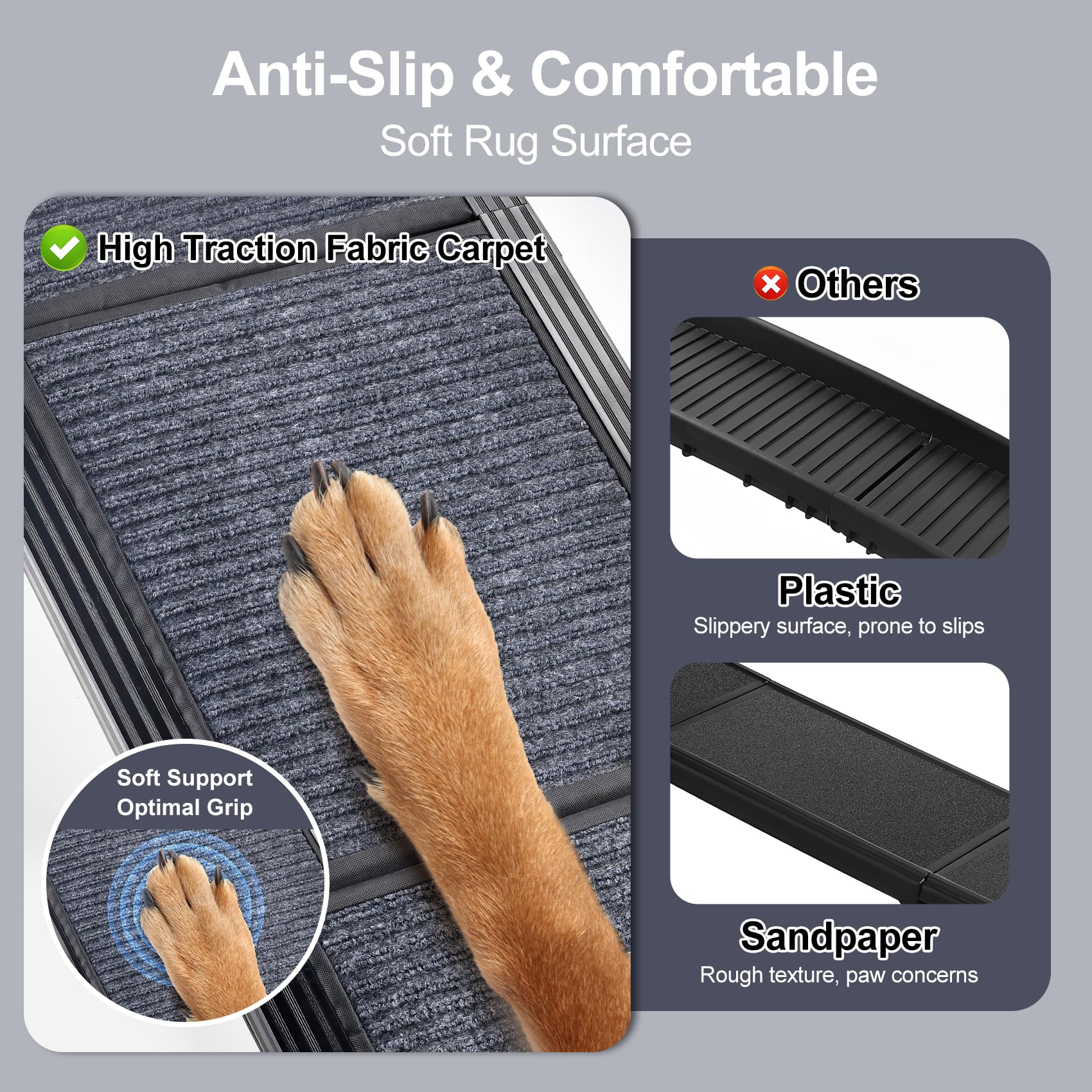 PetRuna dog ramp anti-slip top steps enhance stable climbs.