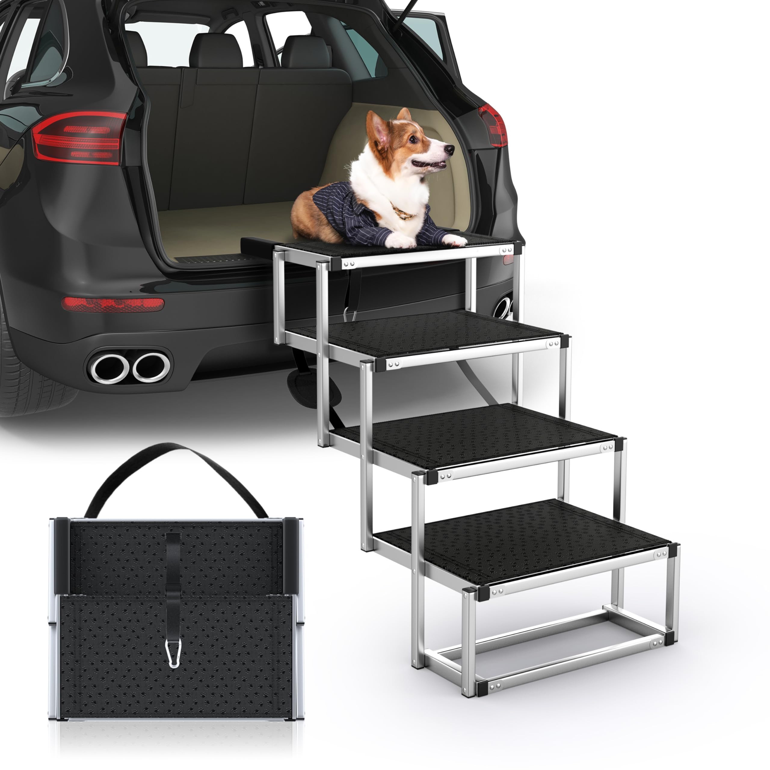 PetRuna dog stairs car foldable non-slip surface for safer car entry.