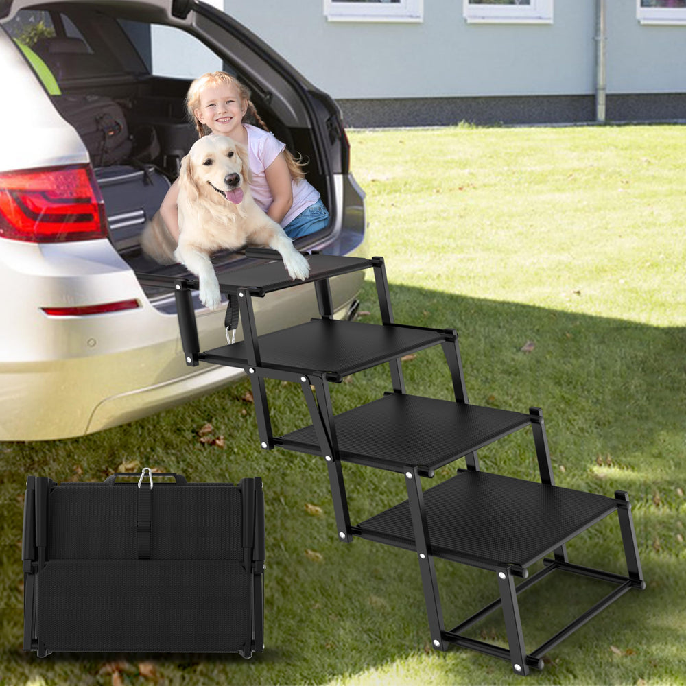 PetRuna extra-wide dog stairs folded for easy car storage.