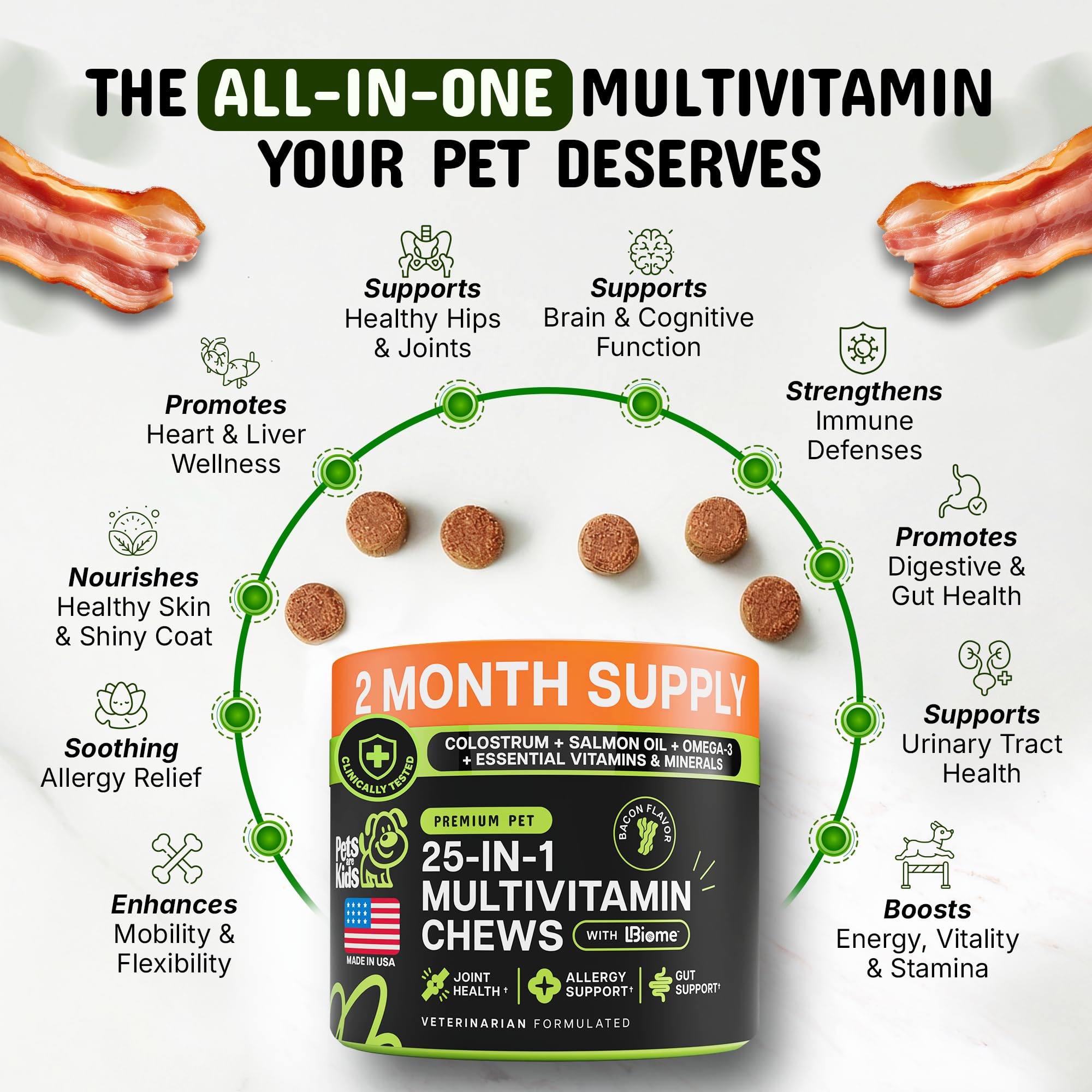 Close-up of bacon-flavored chews from Pets Are Kids Too 25-in-1 dog multivitamin