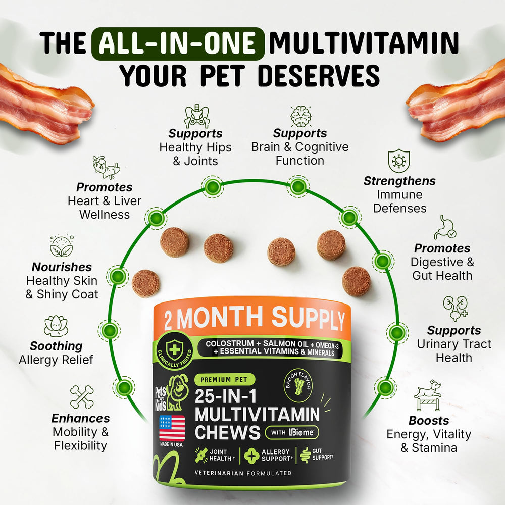 Close-up of bacon-flavored chews from Pets Are Kids Too 25-in-1 dog multivitamin