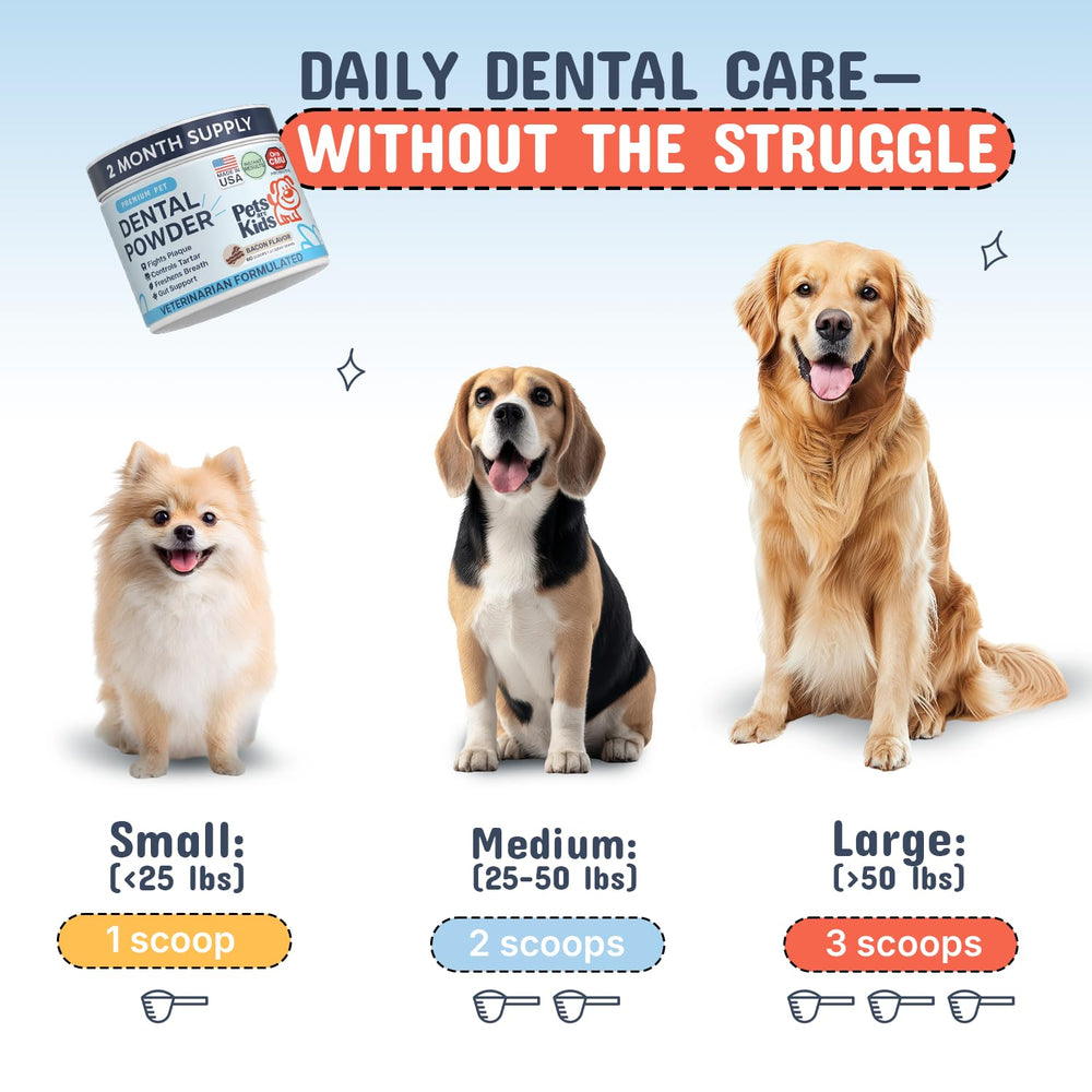 Pets Are Kids Too dog dental powder near bowl signals easy daily care