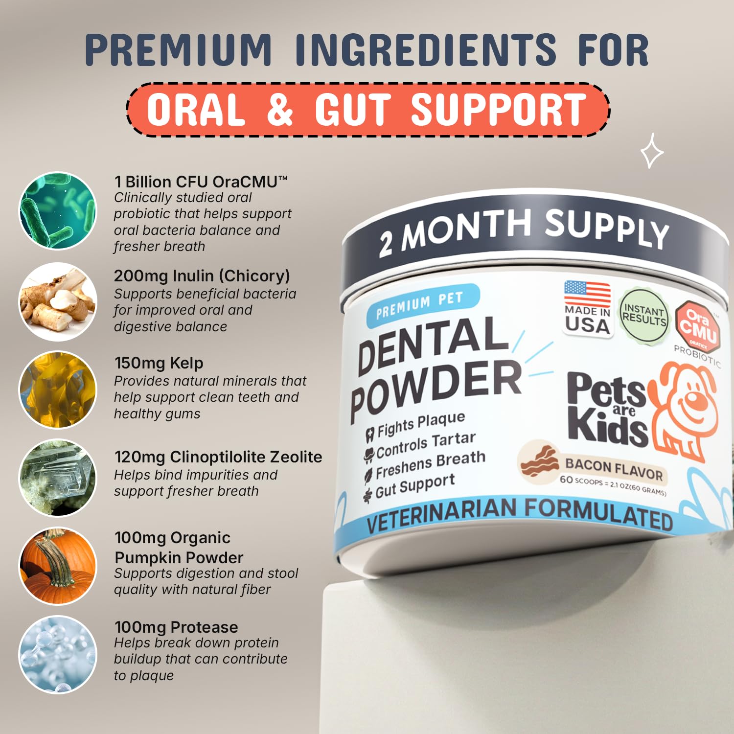Pets Are Kids Too dog dental powder ingredient label highlights OraCMU probiotic