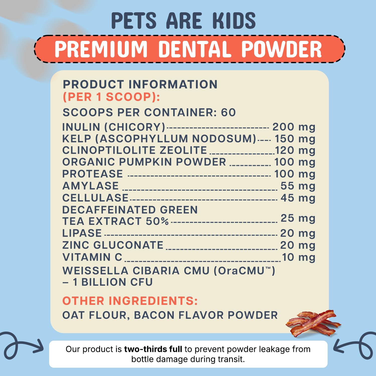 Pets Are Kids Too dog dental powder packaging shows 60 scoops
