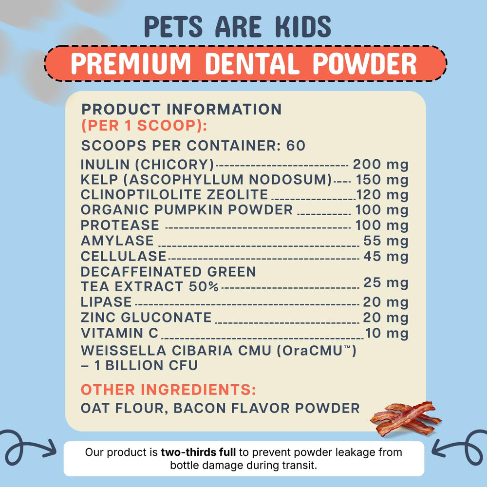 Pets Are Kids Too dog dental powder packaging shows 60 scoops