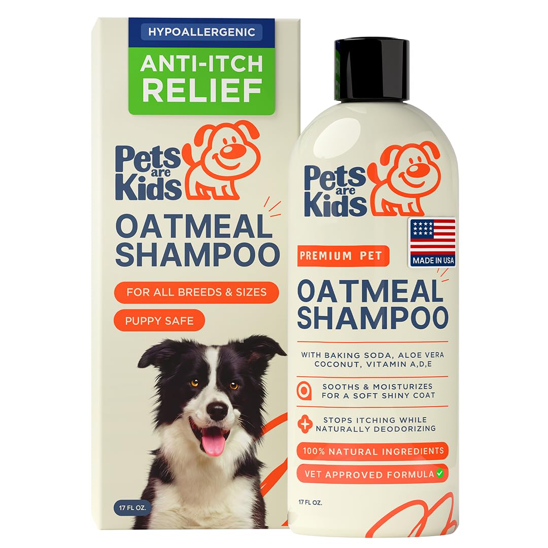 Pets Are Kids Too oatmeal dog shampoo bottle, gentle cleansing for sensitive coats.