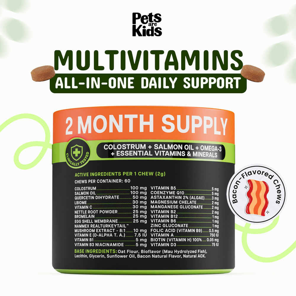 Packaging and bottle layout of Pets Are Kids Too multivitamin for dogs