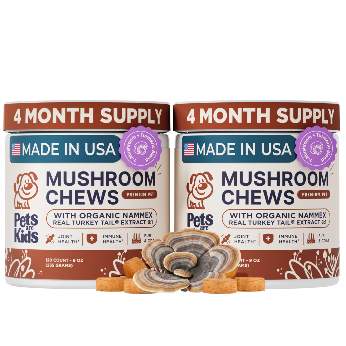 Pets Are Kids Turkey Tail mushroom chews bottle on shelf promoting joint comfort and immune support.