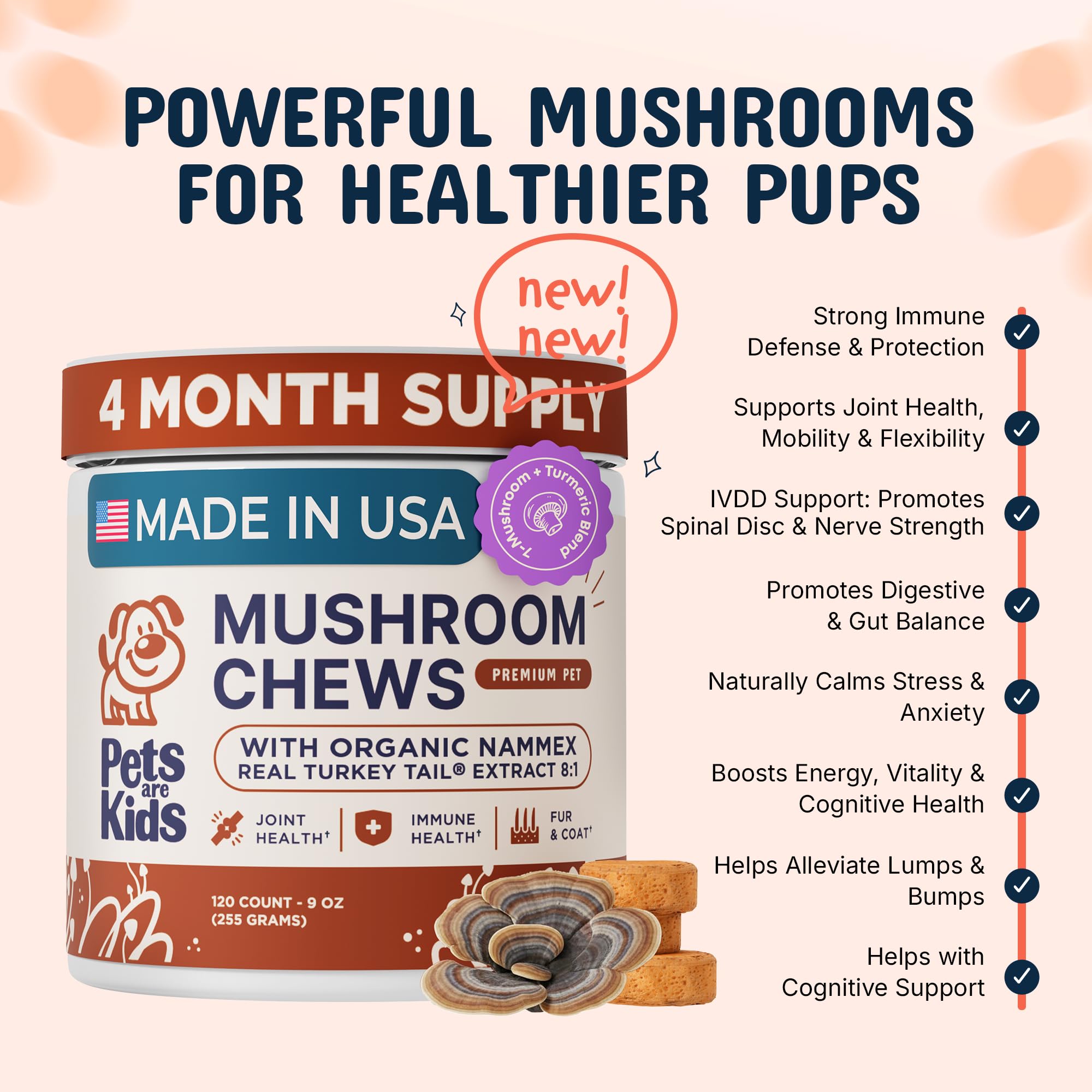 Pets Are Kids Turkey Tail chews closeup showing real texture and gut-friendly ingredients.