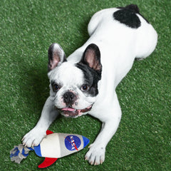 Pets First NASA Rocket Rope Dog Toy close-up logo emphasizes authentic space-inspired design.