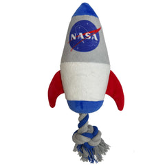 Pets First NASA Rocket Rope Dog Toy front view for durable tug-of-war fun.