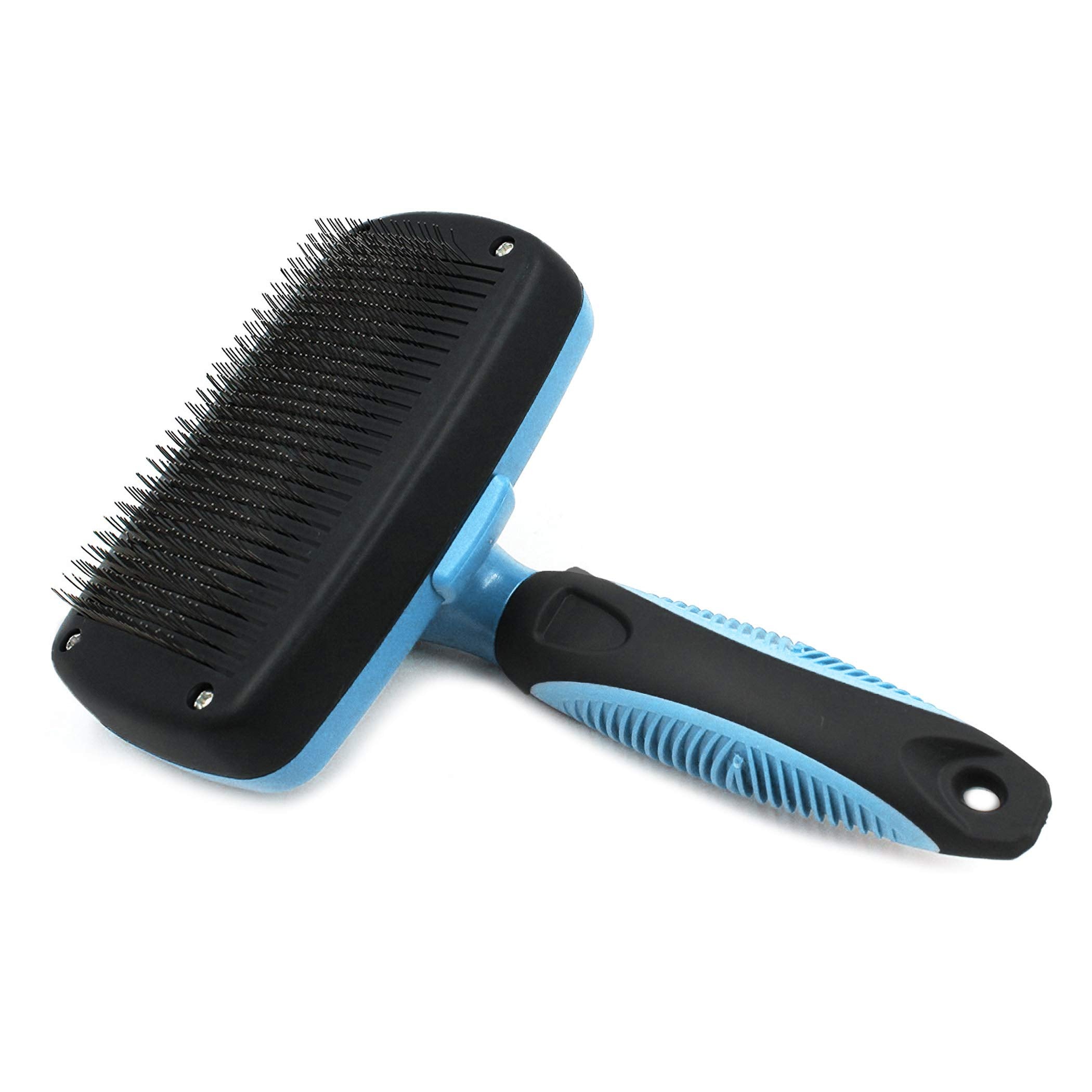Pets First self-cleaning brush with press button to retract bristles for easy cleanup.