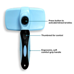 Pets First slicker brush showing non-slip handle for comfortable grooming.