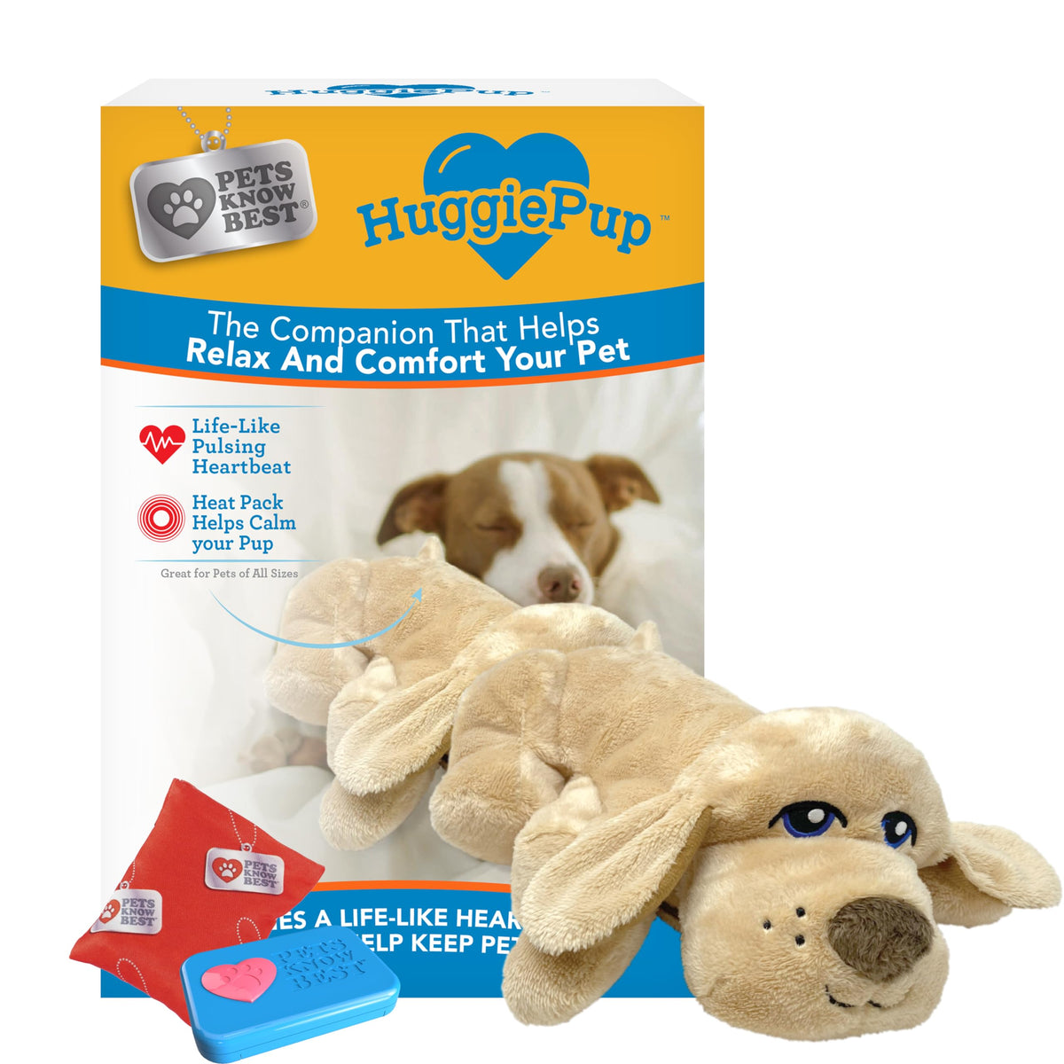 Pets Know Best HuggiePup heartbeat sleep aid calms anxious puppies at night.