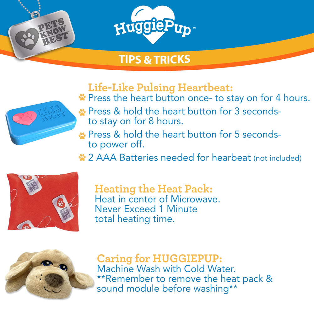 Includes HuggiePup, heartbeat device, and reusable heating pack.