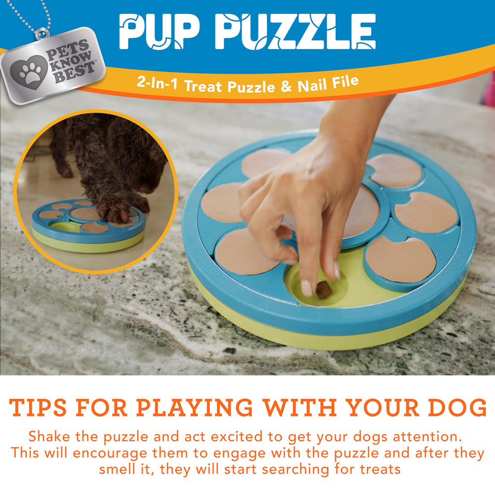 Pets Know Best Pup Puzzle in-use shot showing puzzle and treats.