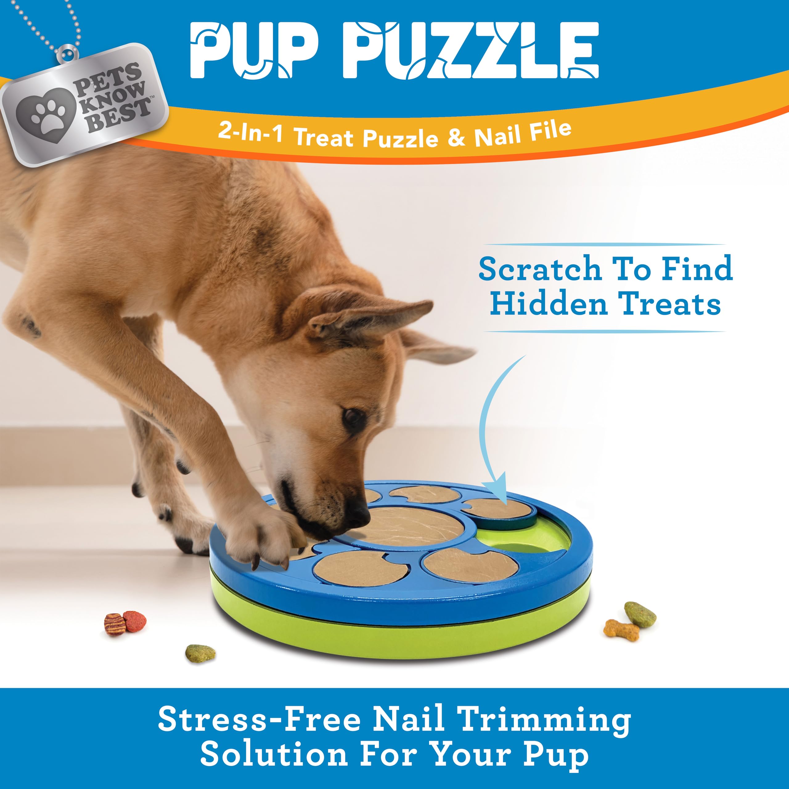 Pets Know Best Pup Puzzle treat tray visible during rewarding play.