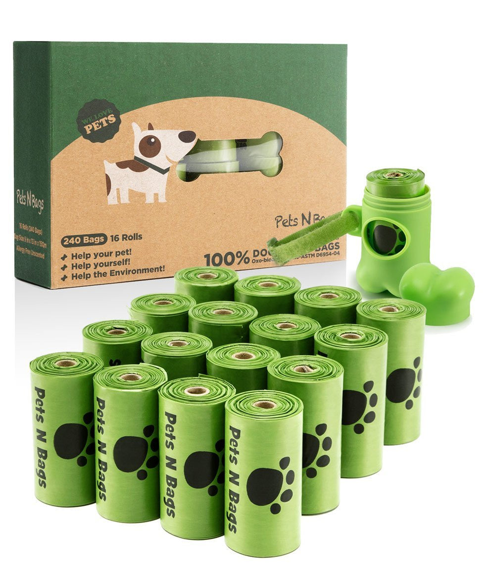Pets N Bags poop bags shown as oxo-biodegradable for eco-friendly waste on walks