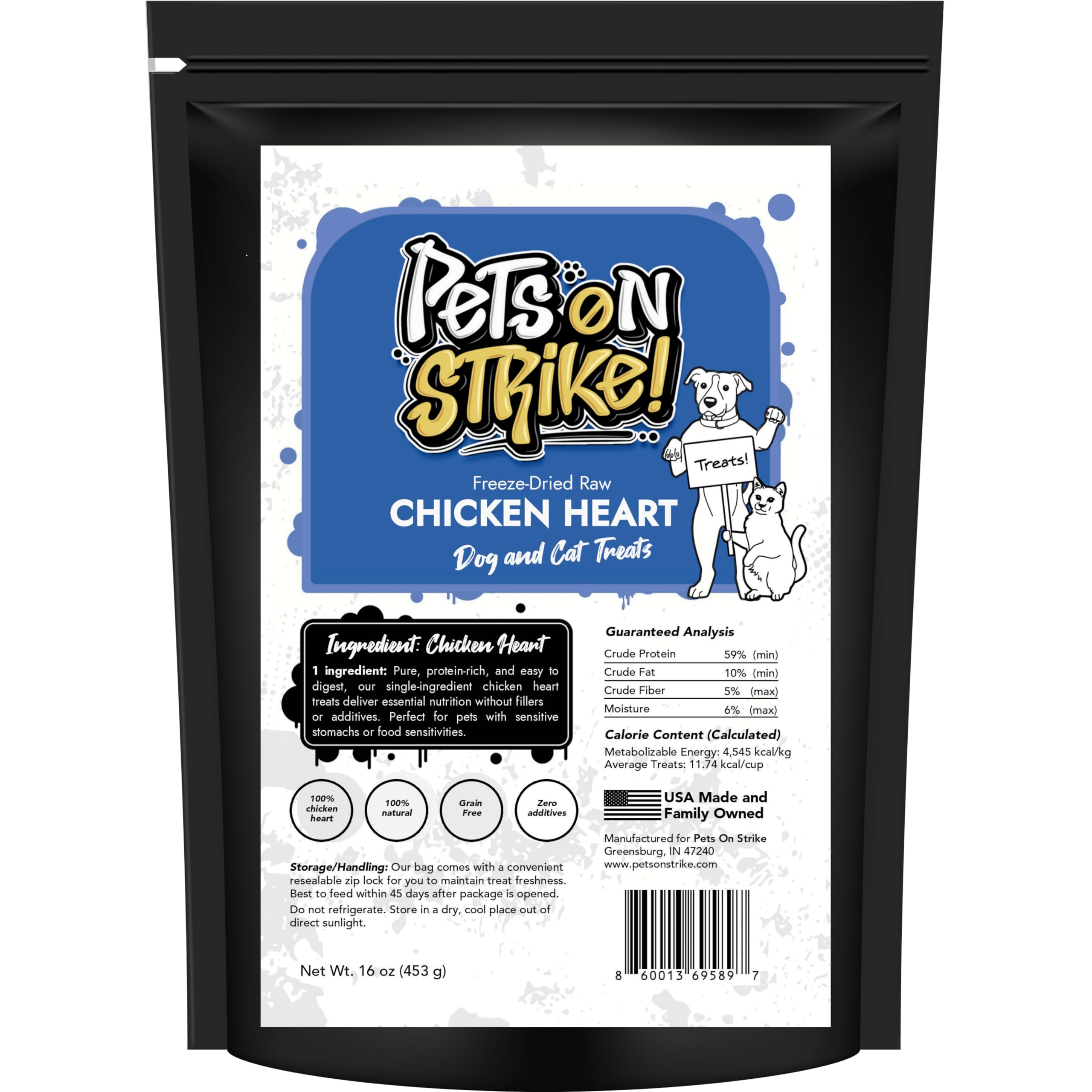 PETS ON STRIKE packaging shows USA-sourced protein from freeze-dried chicken hearts