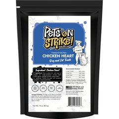 PETS ON STRIKE packaging shows USA-sourced protein from freeze-dried chicken hearts