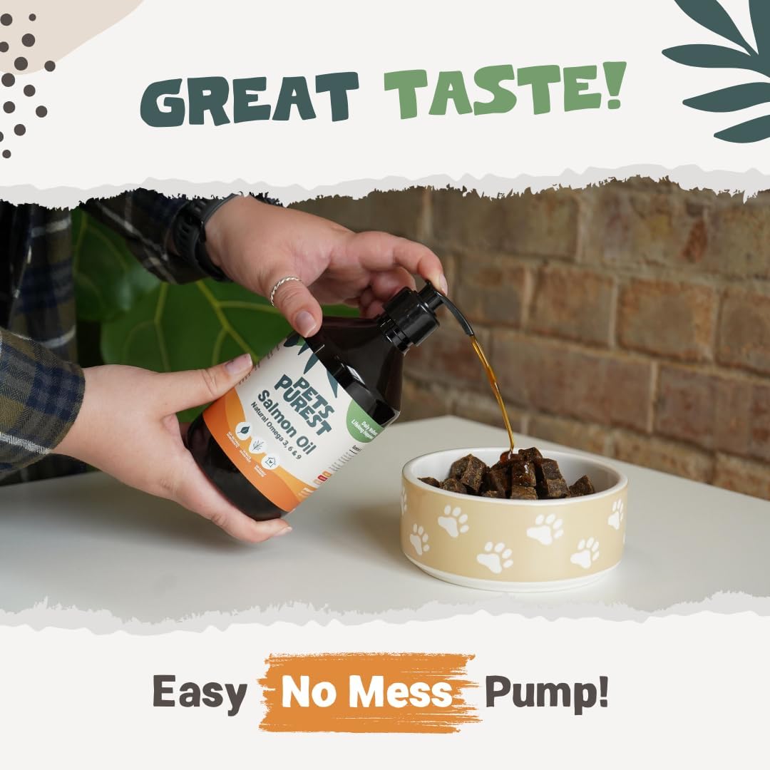 Pets Purest Salmon Oil pump for mess-free dosing in every feeding.