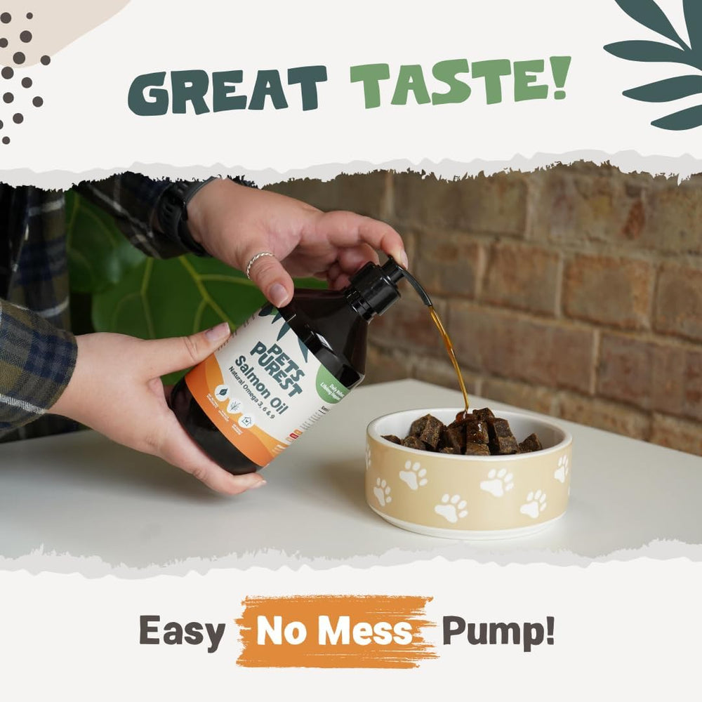 Pets Purest Salmon Oil pump for mess-free dosing in every feeding.