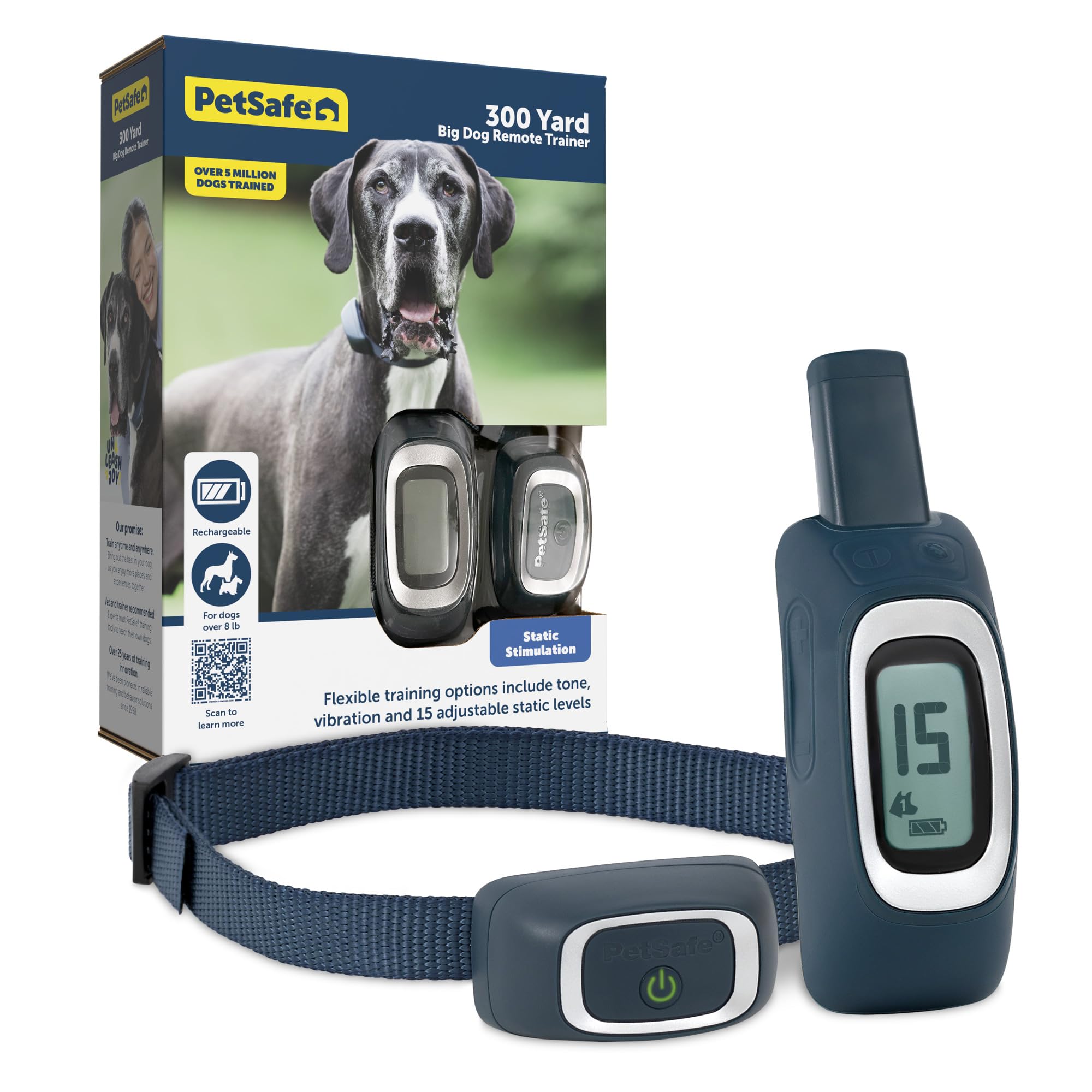 PetSafe 300-yard remote trainer display shows range and mode at a glance.