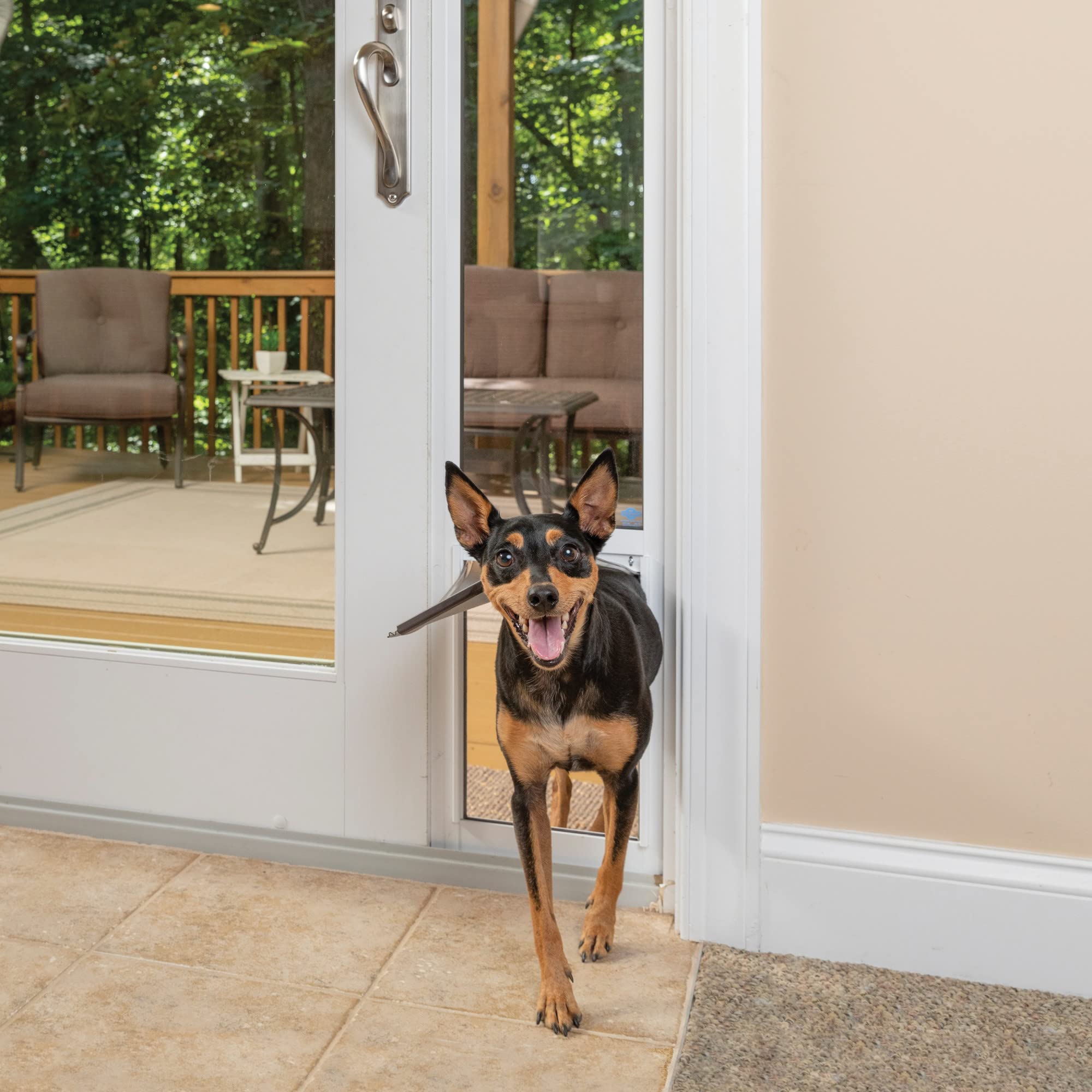 PetSafe adjustable-height track demonstrates easy fit for sliding doors
