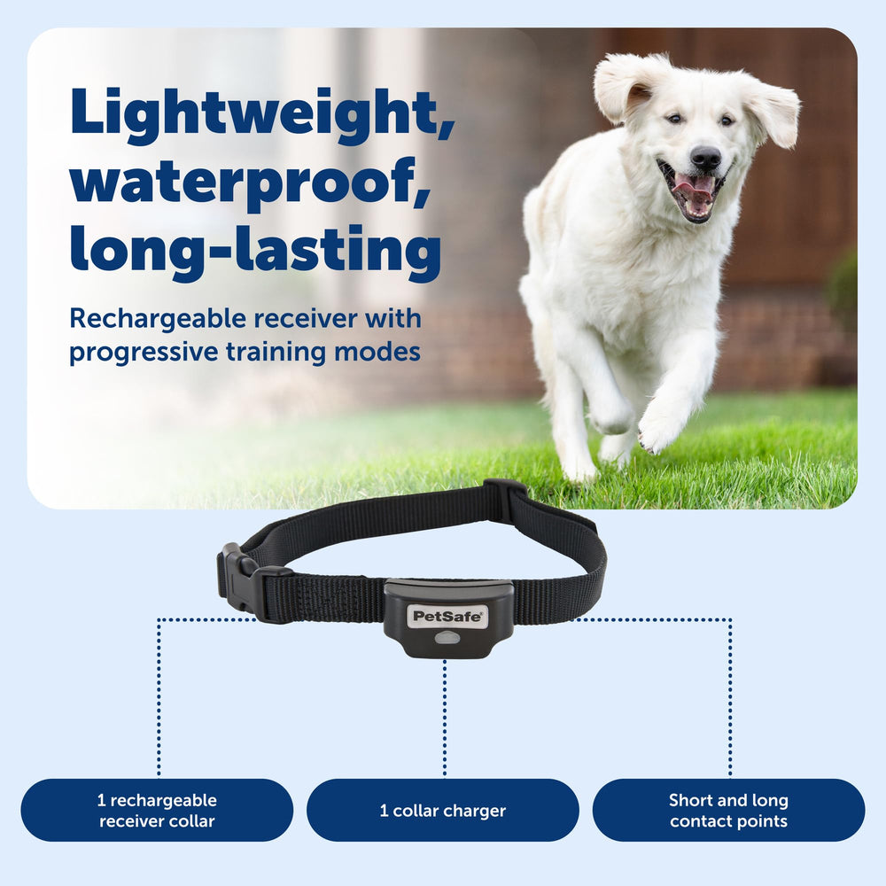 PetSafe adjustable neck size 6 to 26 inches fits pets 5 lb and up.