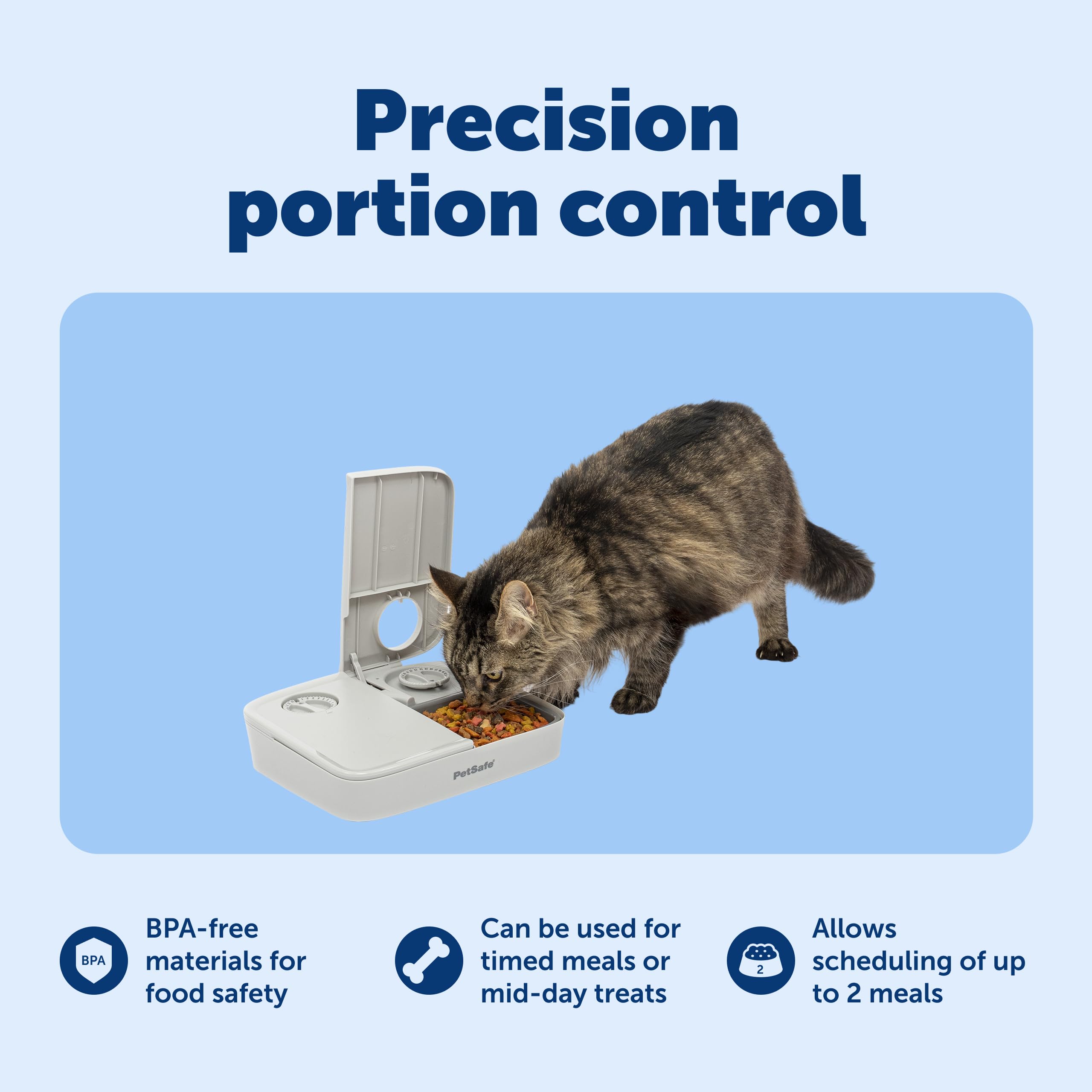 PetSafe analog feeder supports dry or semi-moist meals for consistency.