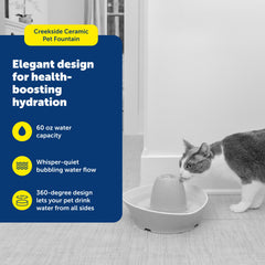 PetSafe bubbling water flow entices pets to drink for hydration.