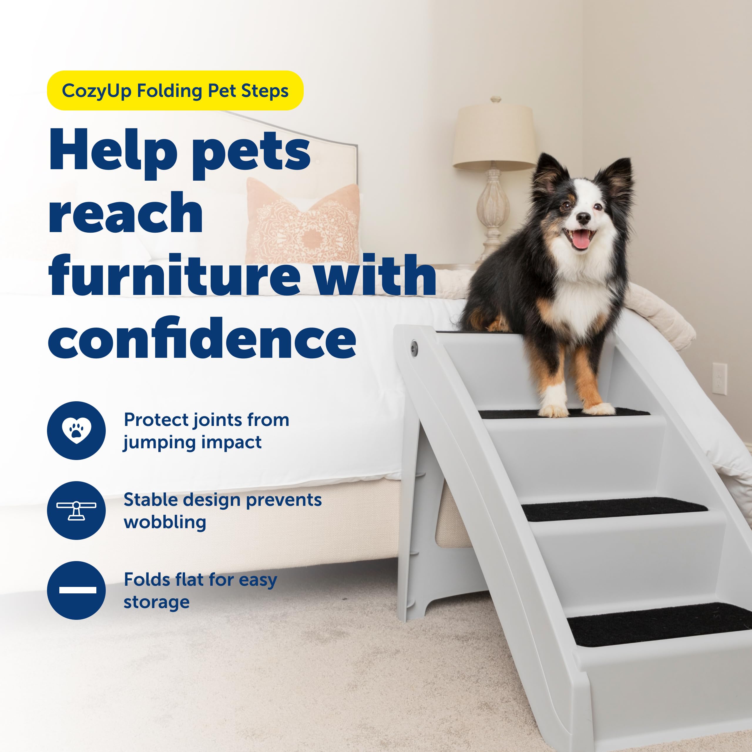 Petsafe CozyUp on couch provides stable, elevated reach for comfortable climbs.