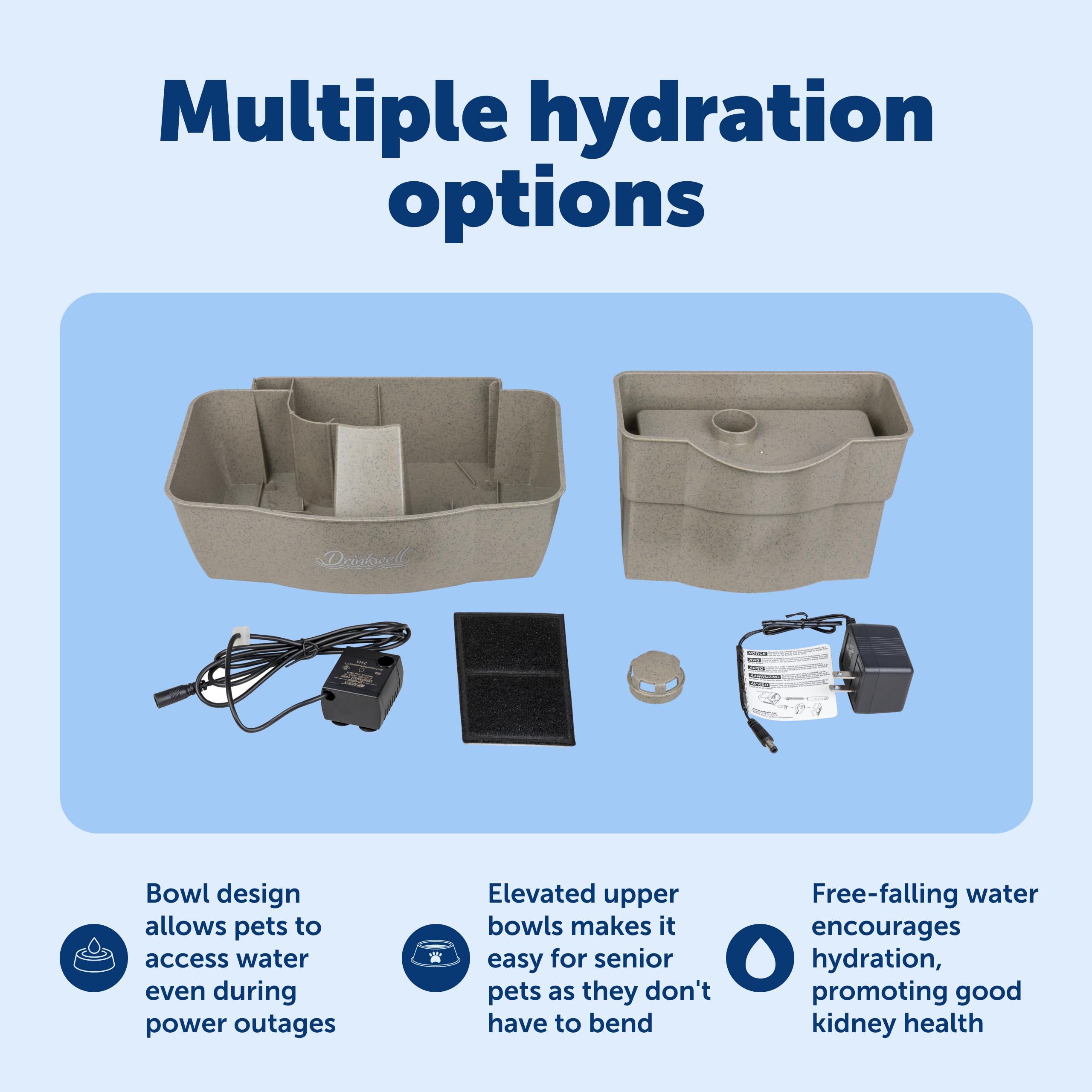 PetSafe Drinkwell Multi-Tier Fountain carbon filter keeps water fresh.