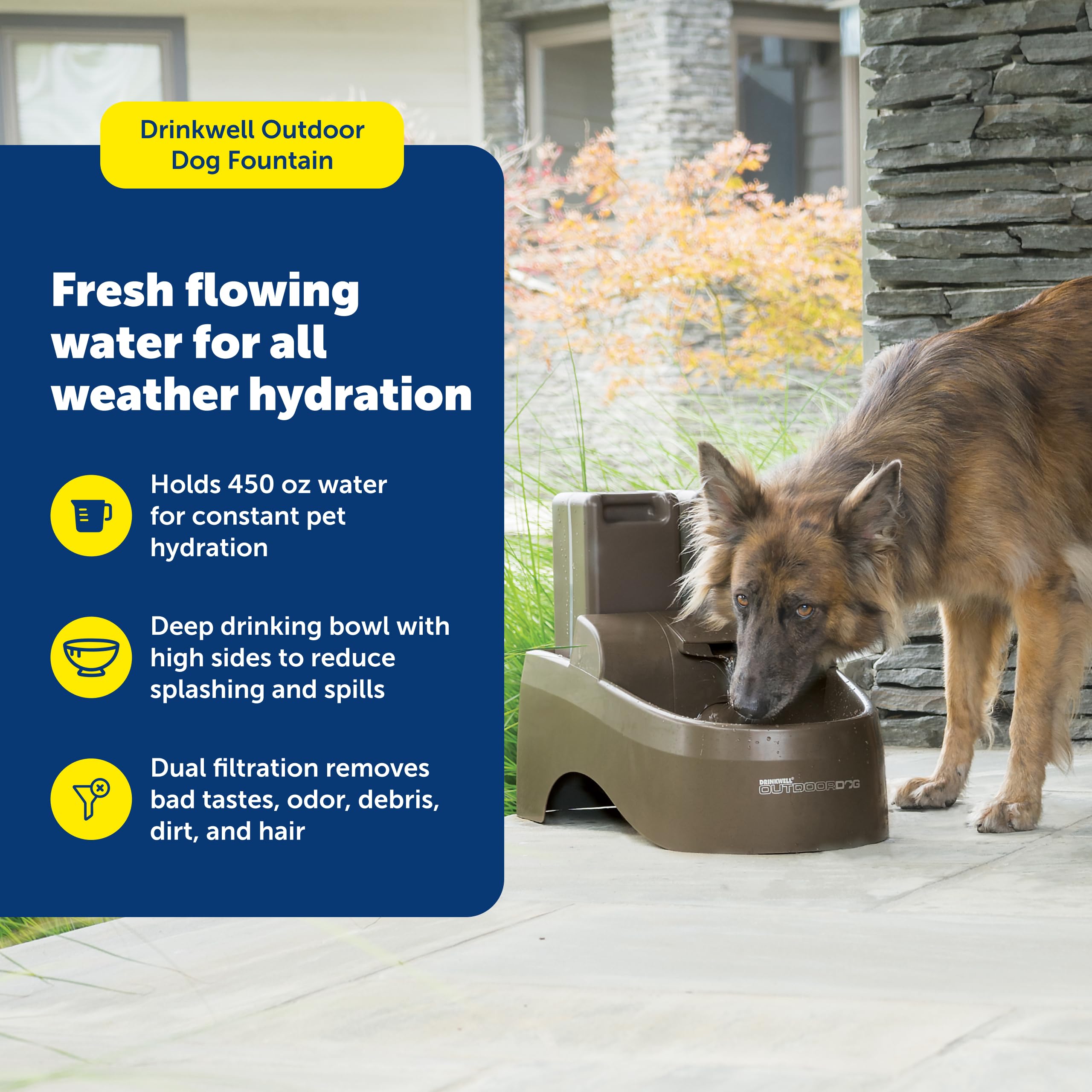 PetSafe Drinkwell Outdoor Dog Fountain with flowing water encourages drinking.